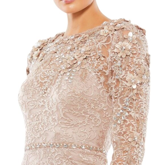 $898 Mac Duggal 11217 Size 18 Nude Pink‎ Long Sleeve High Neck Floral Gown Dress - Picture 4 of 6